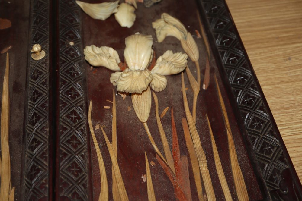A Canton ivory card case, a page turner, a necessaire case and a pair of Japanese hardwood plaques